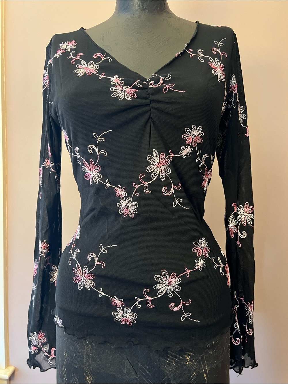 Y2K Wrapper Pink Embroidered Floral Black Blouse Bell Sleeves Size M Whimsigoth